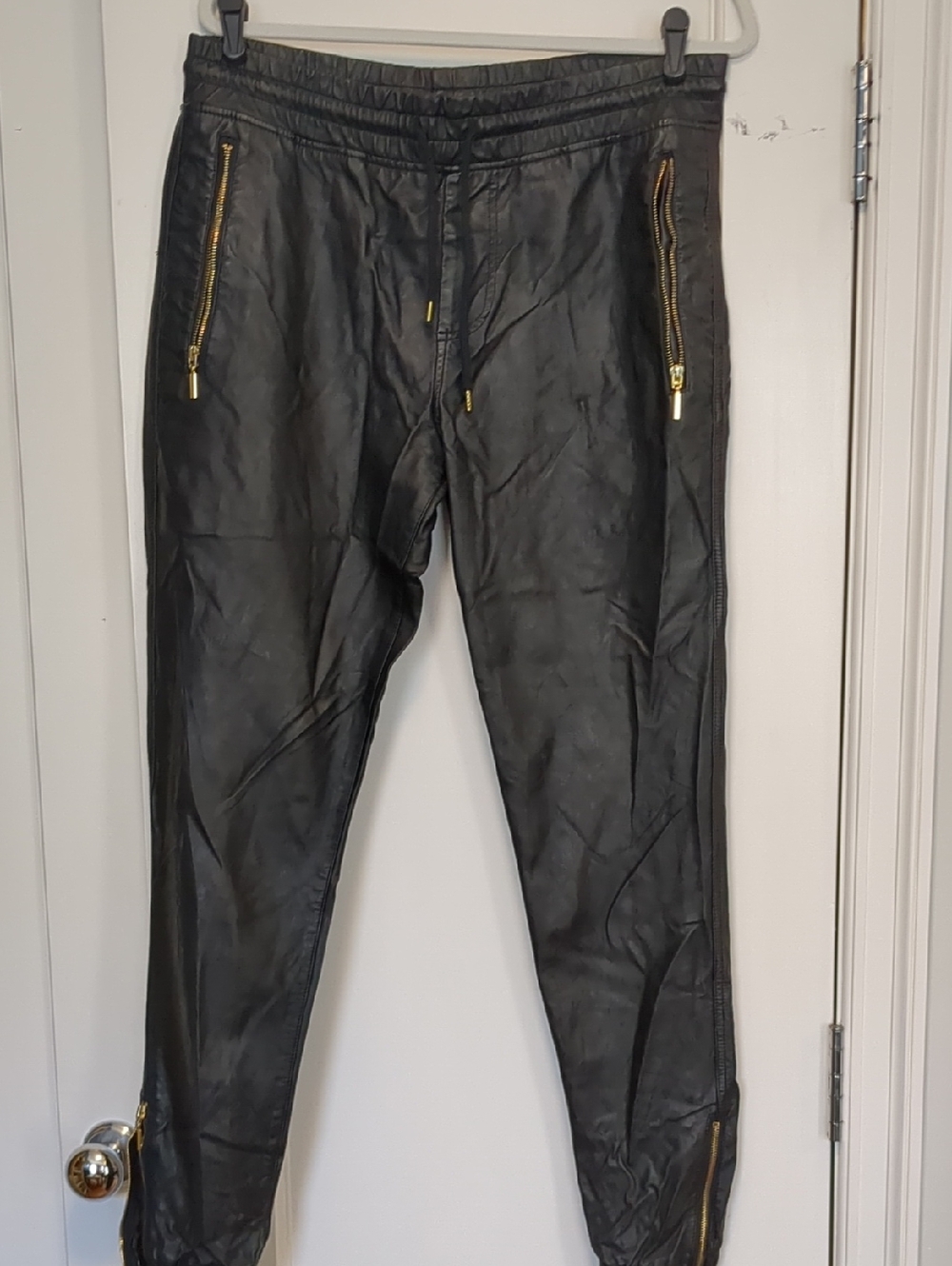 Sleek Black Vegan Leather Joggers with Gold Zippers Sz L